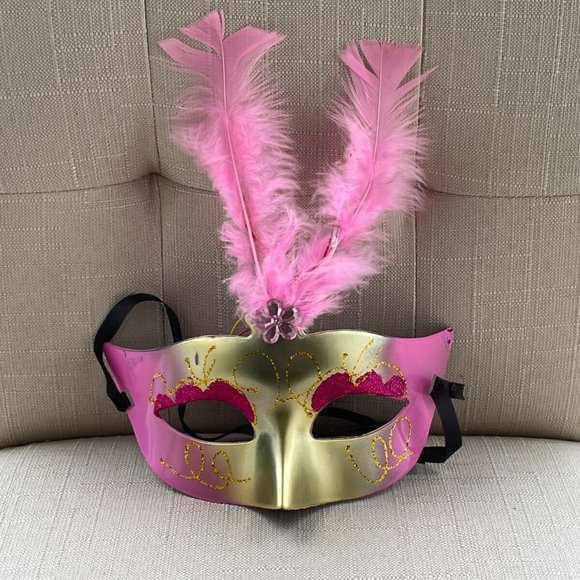 Light Up Mask Pink Faux Feather Party Mask Women Masquerade Eye Mask - Picture 6 of 11